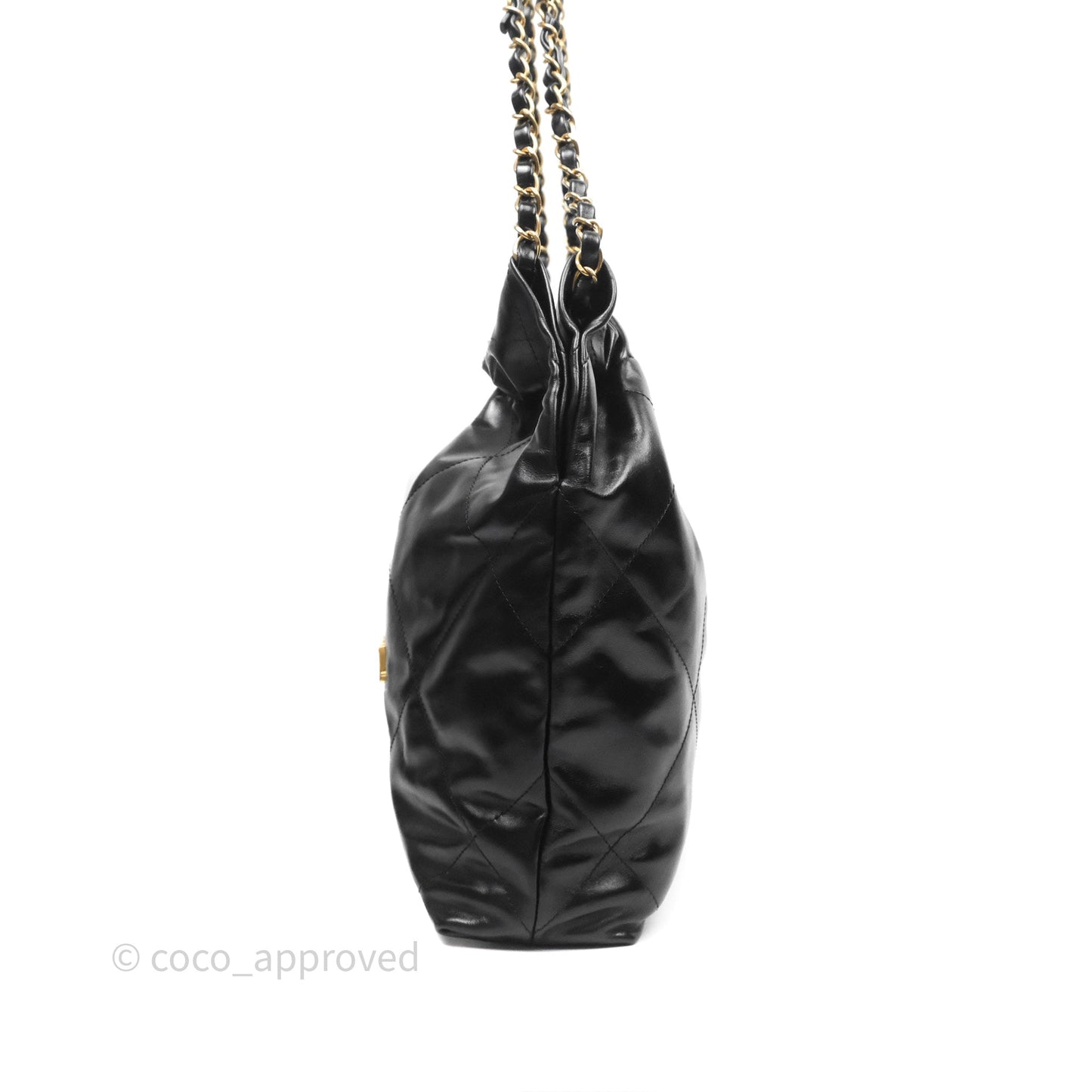 Chanel 22 Bag Small Black Shiny Calfskin Aged Gold Hardware