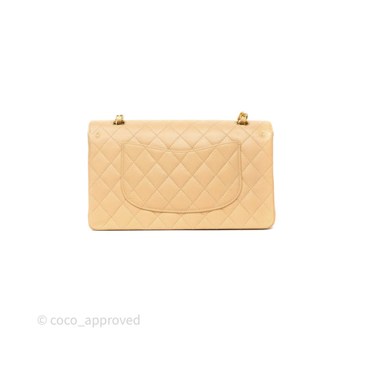 Chanel M/L Medium Classic Flap Quilted Beige Caviar Gold Hardware