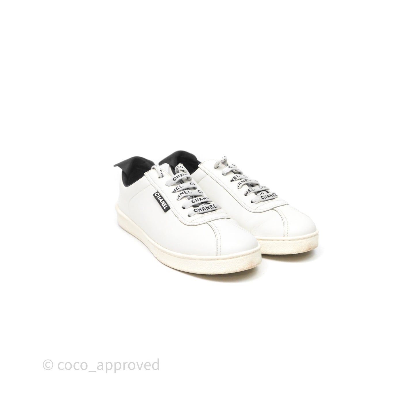 Chanel Logo Pull Tab Lace-up Sneakers White & Black Size 37.5