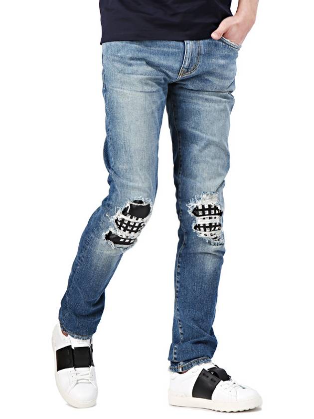 Luxury Saint Laurent Men's Leather Stud Washed Jeans Blue