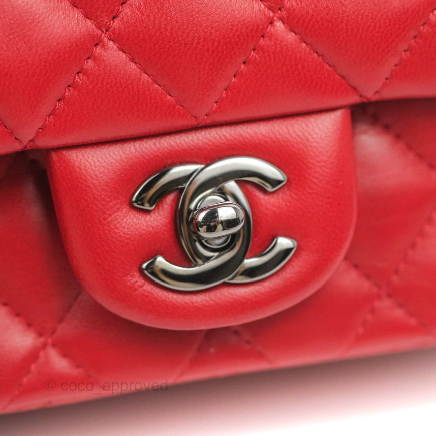 Chanel Quilted Mini Square Red Lambskin Gun Metal