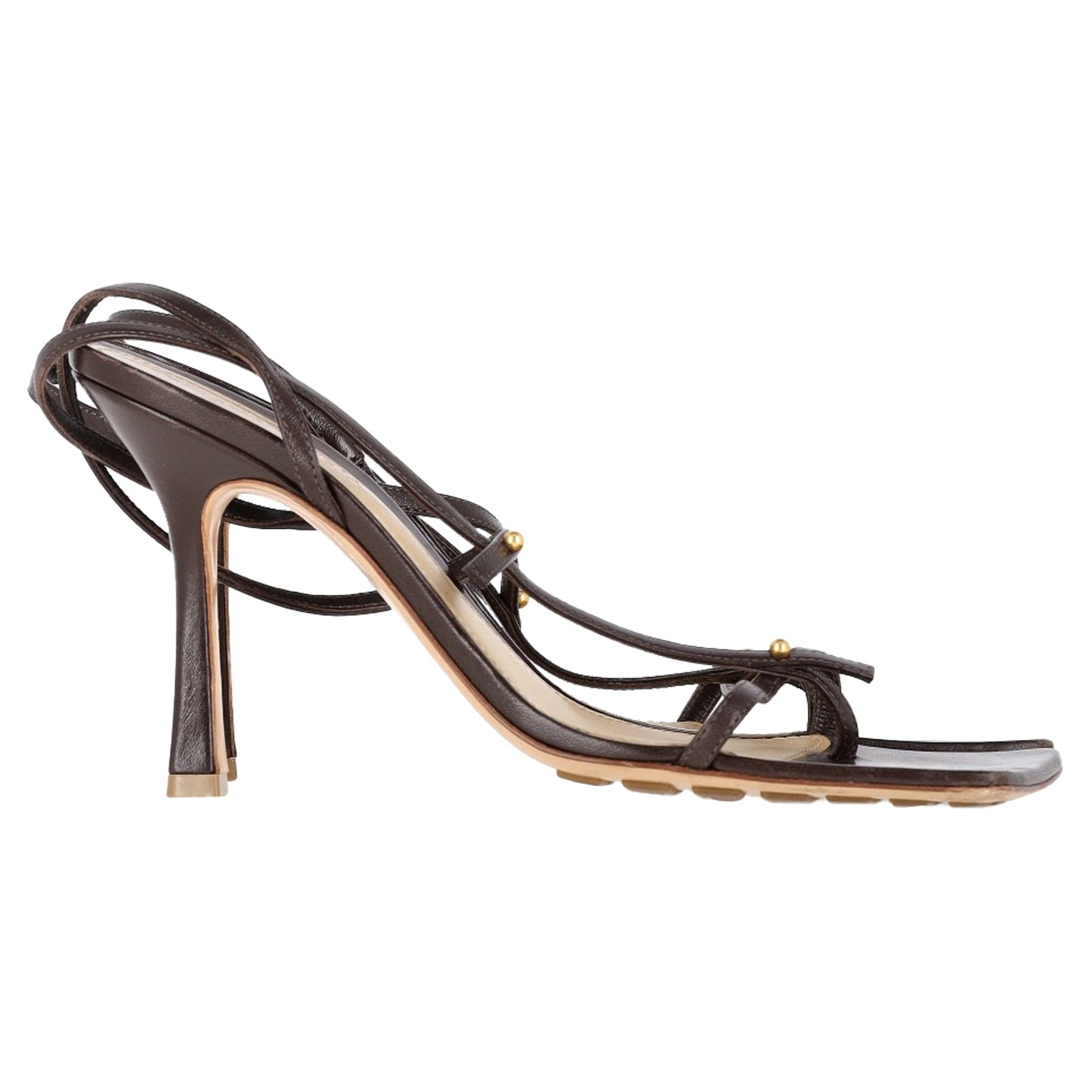 Luxury Bottega Veneta Stretch Studded Strappy Sandal Heels in Brown Lambskin Leather