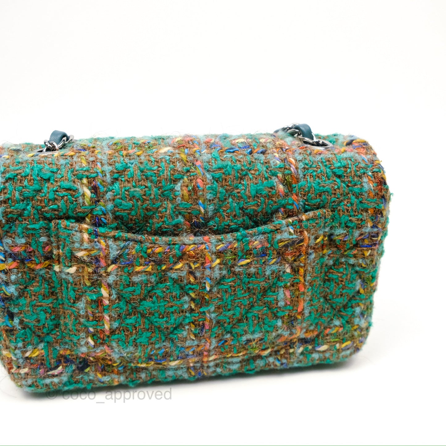 Chanel Mini Rectangular Flap Quilted Green Tweed Gun Metal 23A