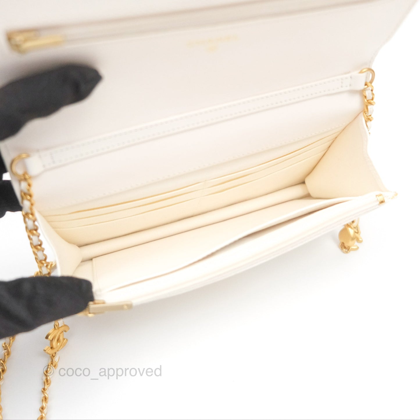 Chanel Quilted Wallet on Chain WOC Coco Heart Chain White Lambskin Aged Gold Hardware 22K