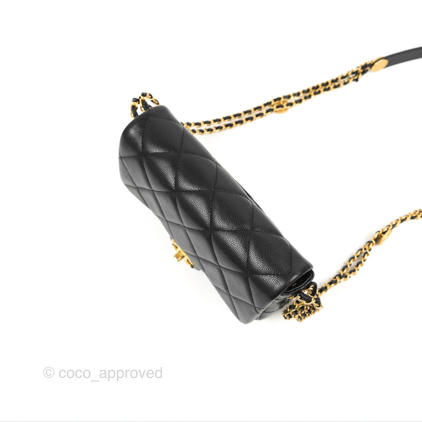 Chanel Small Flap with Coin Charm Black Caviar Aged Gold Hardware 22A