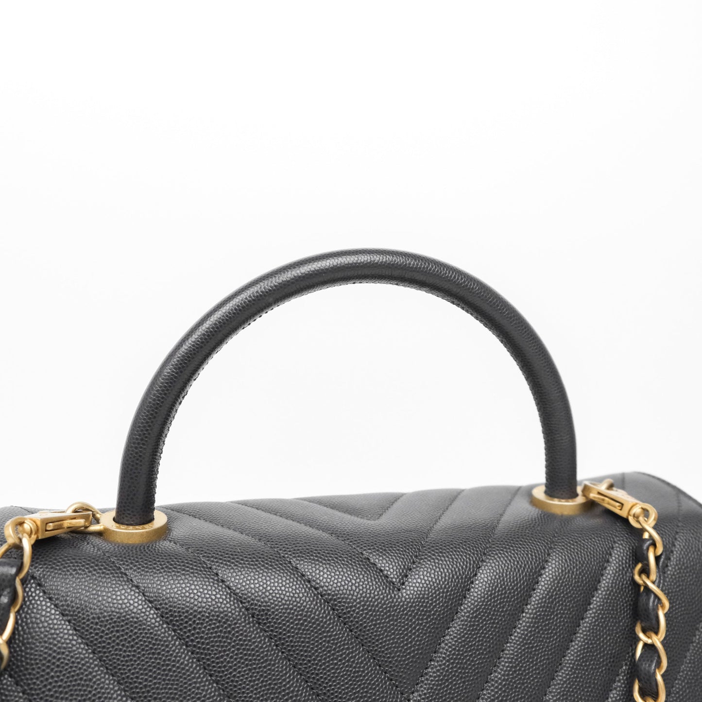 Chanel Medium Coco Handle Chevron Dark Grey Caviar Aged Gold Hardware