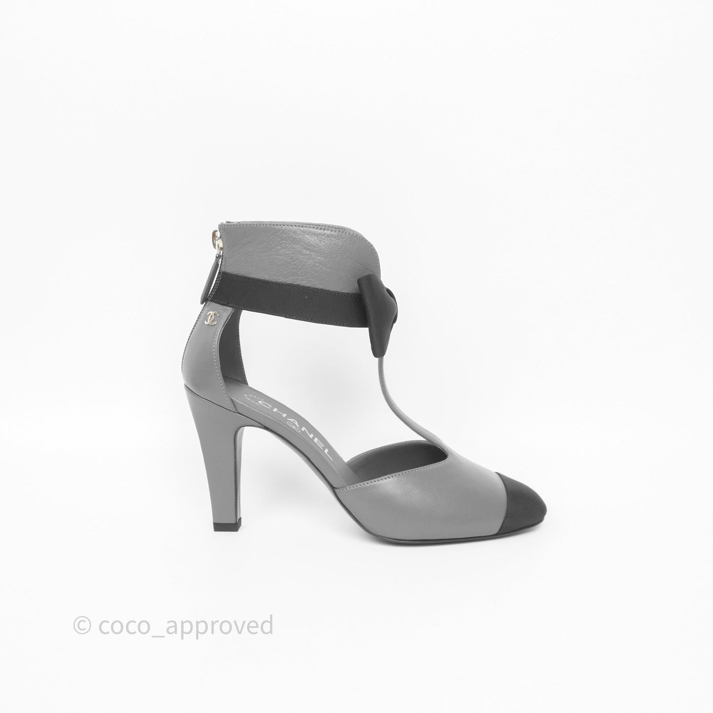 Chanel Cap Toe Bow Ankle-cuff Sandals Grey Black Lambskin
