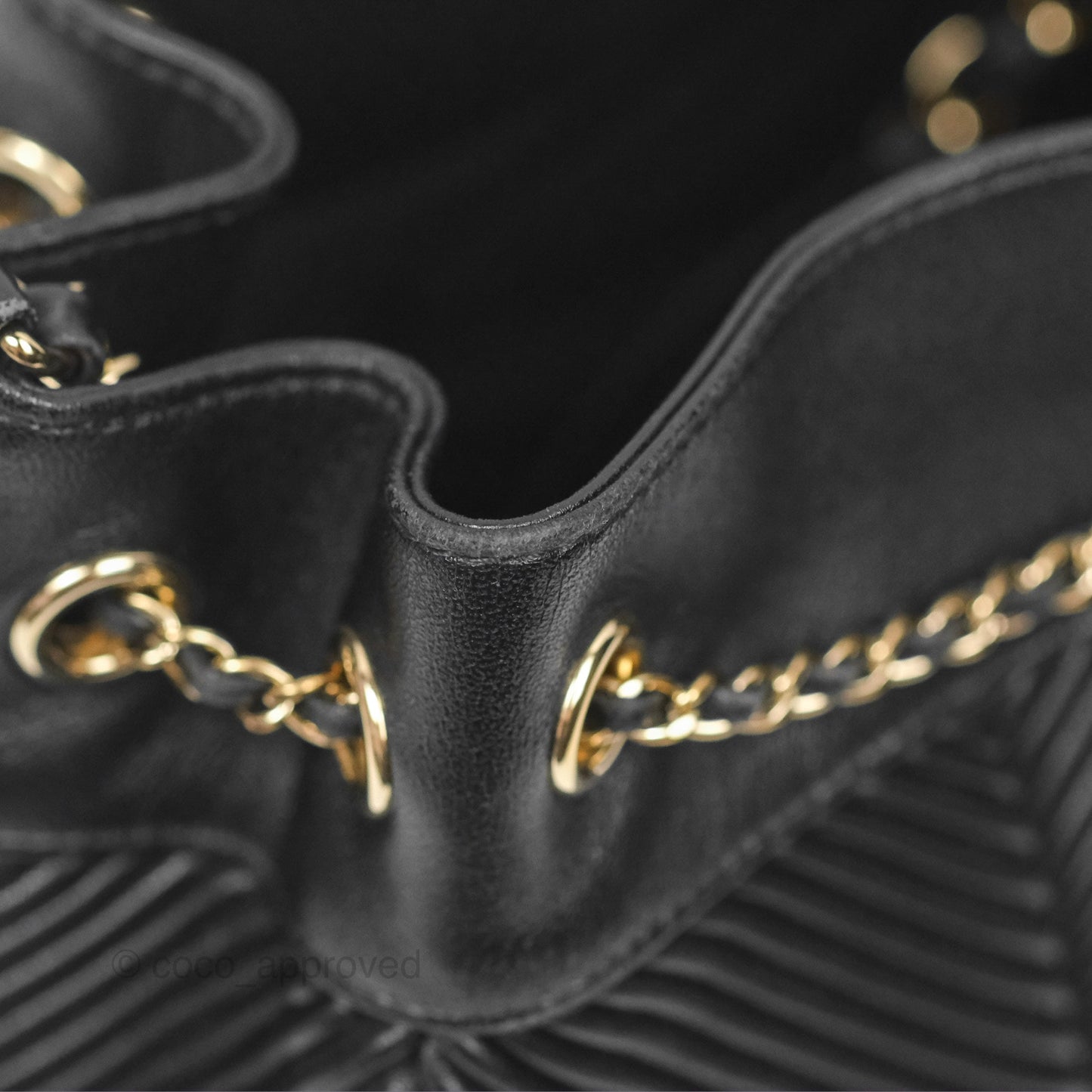 Chanel CC Chain Drawstring Bucket Bag Chevron Black Lambskin Gold Hardware