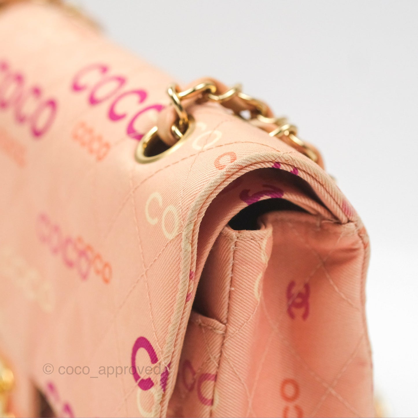 Chanel Coco Logo Medium Classic Flap Quilted Coral Pink Canvas Gold Hardware