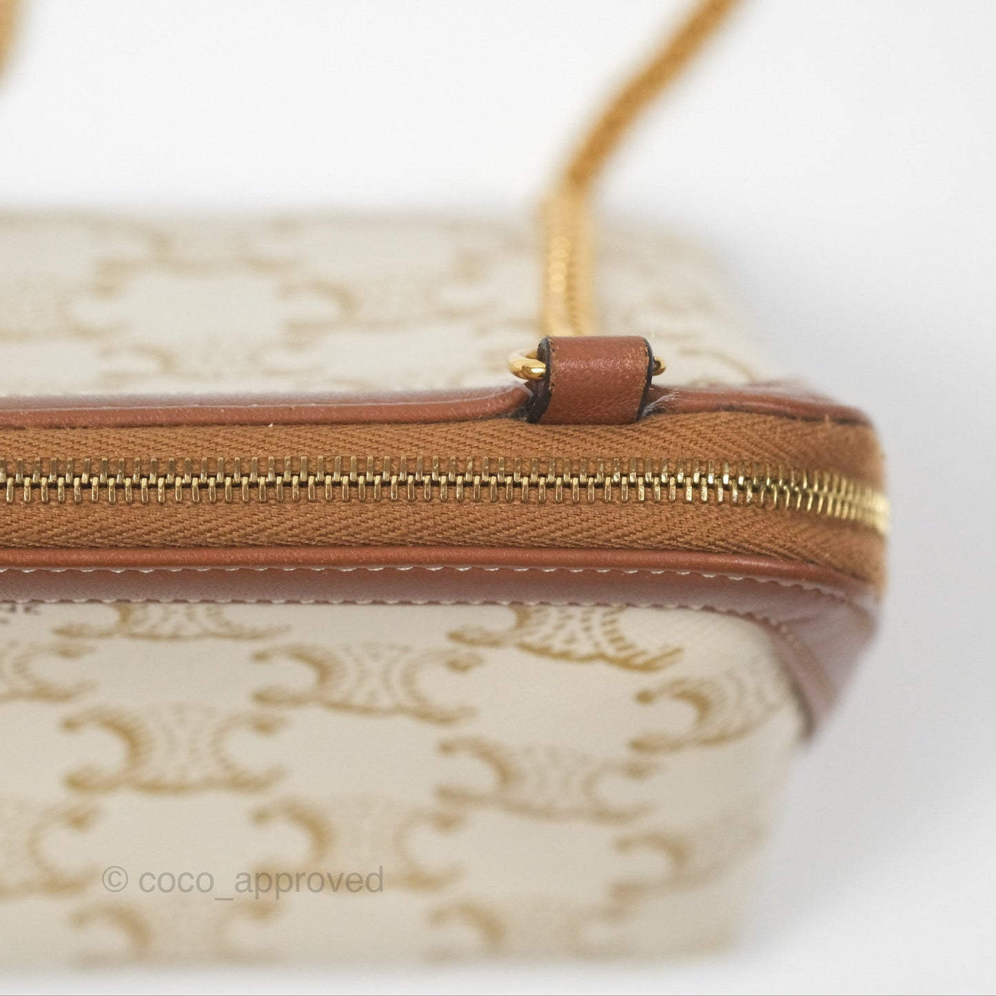 Celine Clutch With Chain Triomphe Canvas Lambskin White/Tan
