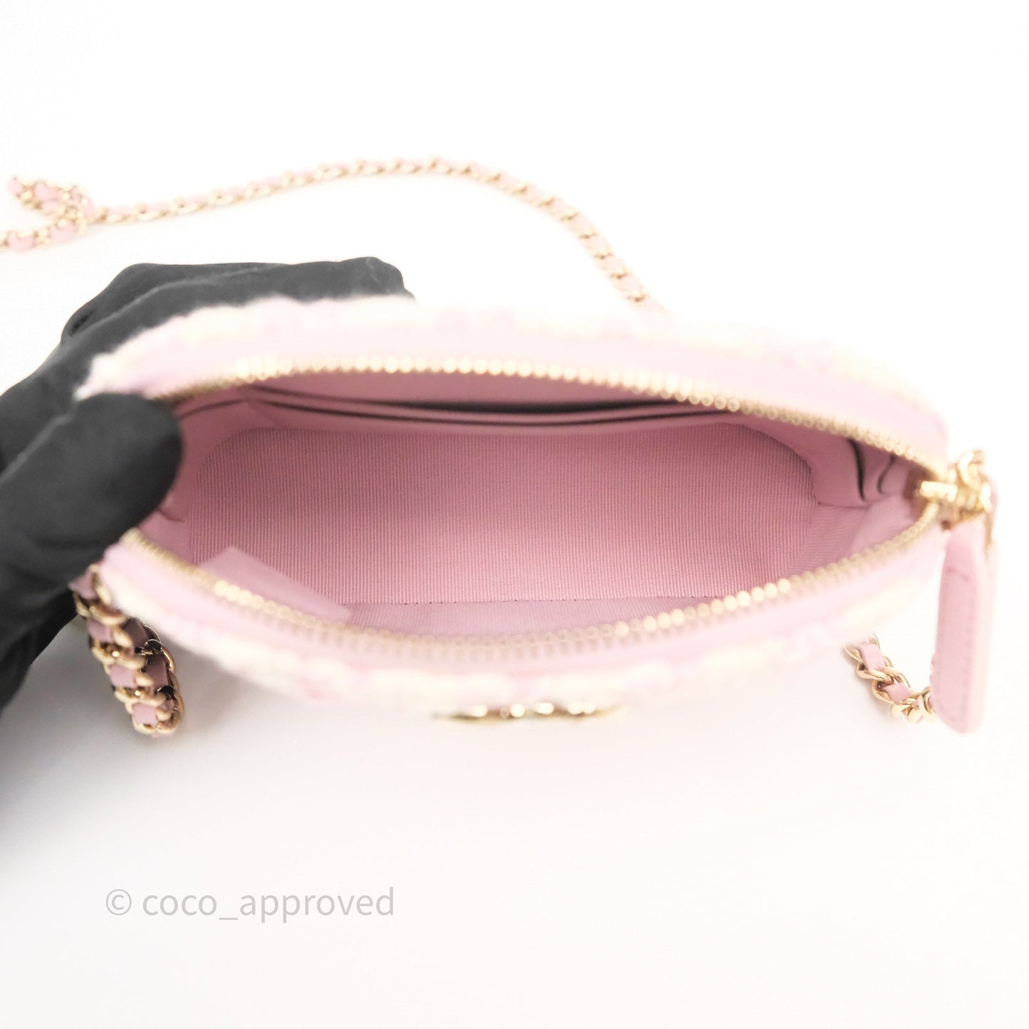 Chanel Mini Pouch On Chain White Pink Houndstooth Tweed Gold Hardware