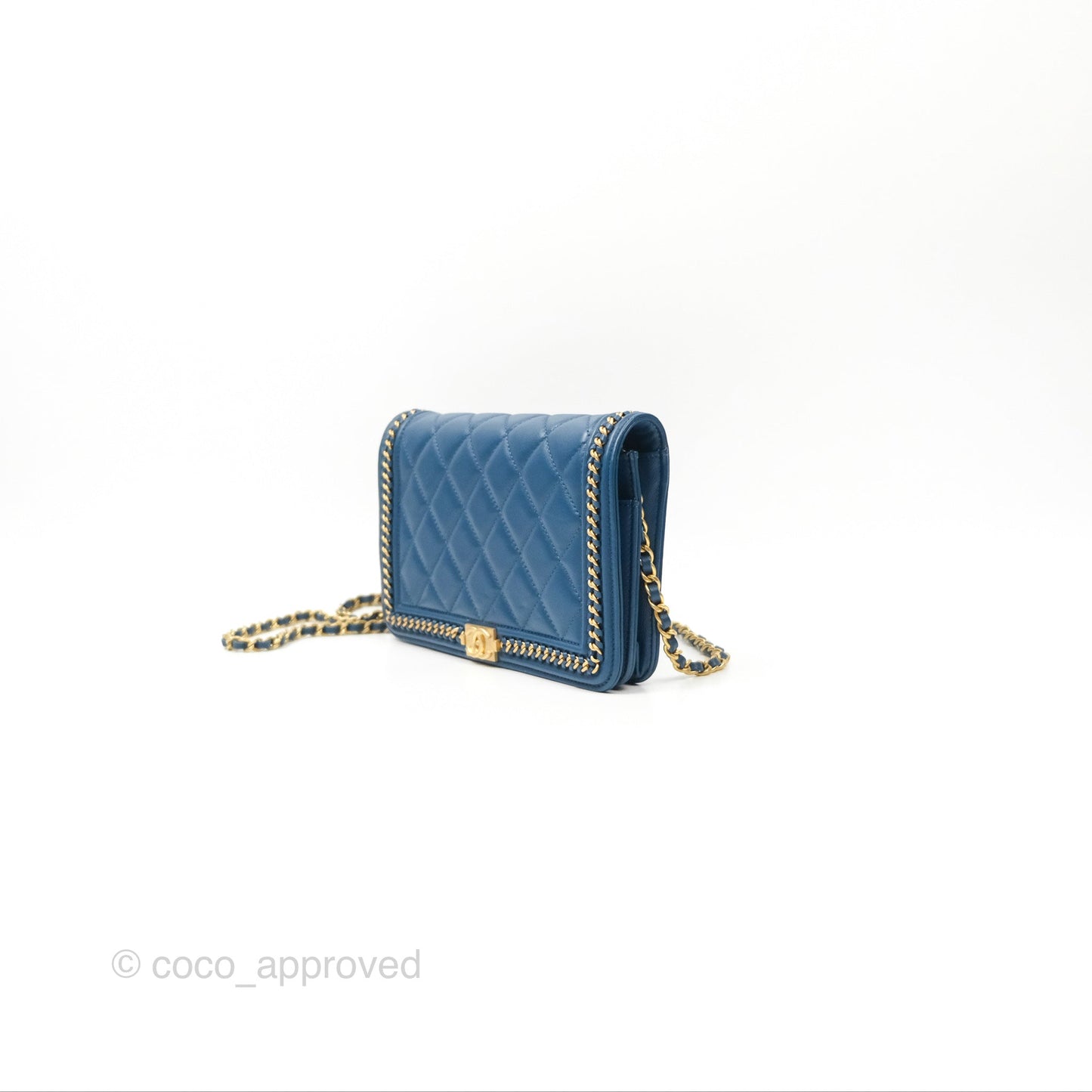 Chanel Quilted Boy Wallet on Chain WOC Blue Calfskin Aged Gold Hardware