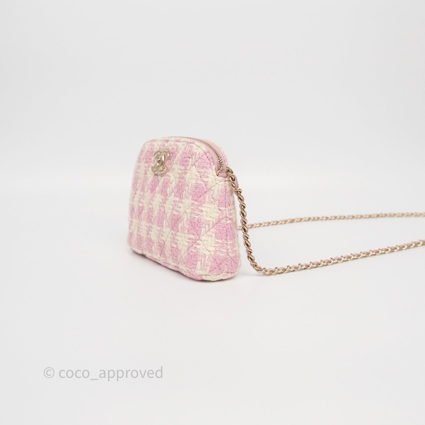 Chanel Mini Pouch On Chain White Pink Houndstooth Tweed Gold Hardware