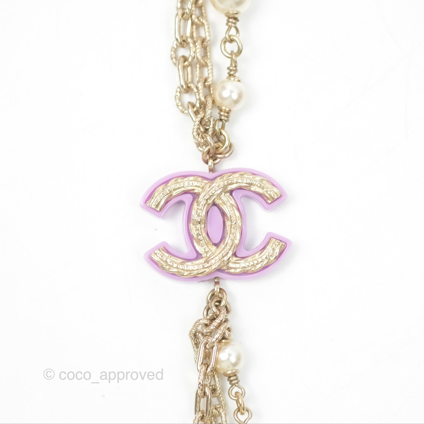Chanel Purple CC Pearl Chain Long Necklace Gold Tone 15B