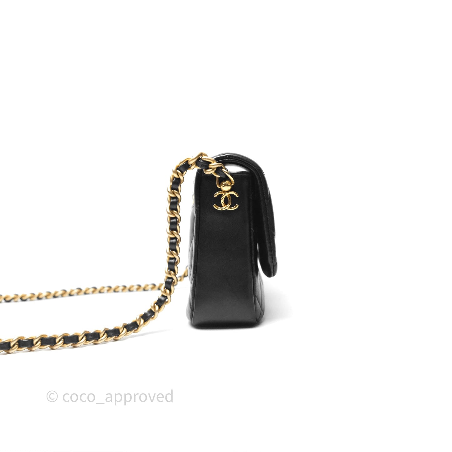 Chanel Logo Mini Square Flap Bag Black Lambskin Aged Gold Hardware 21B