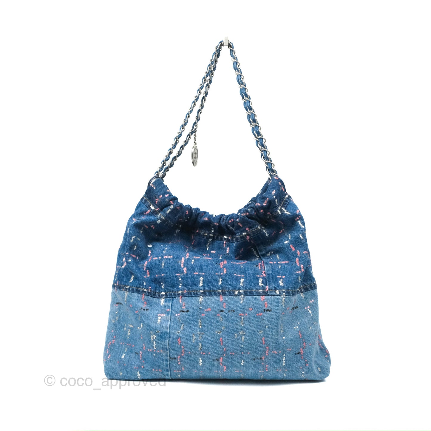 Chanel 22 Medium Denim Sequins Aged Silver Hardware