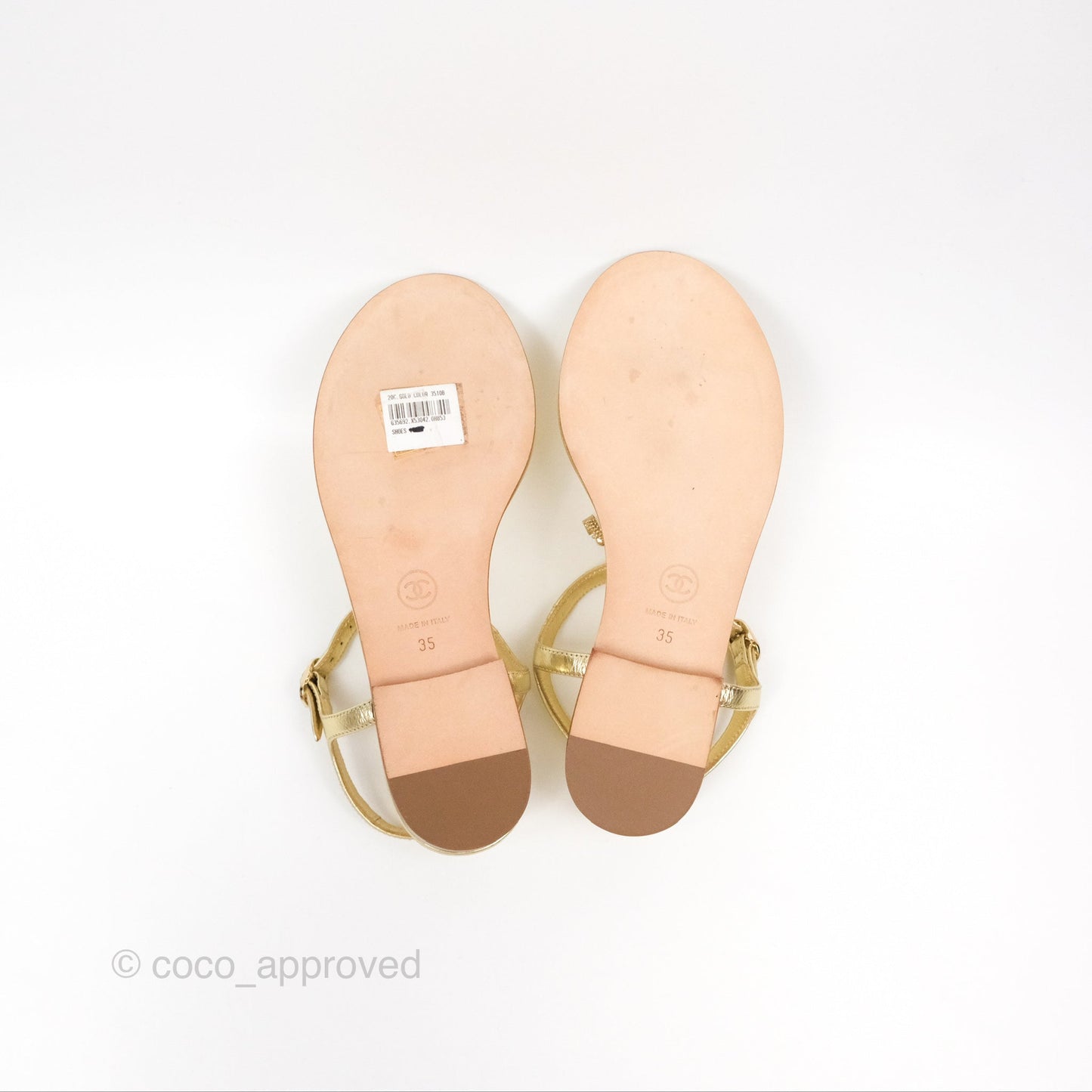 Chanel CC  Gold Metallic Leather Stone Thong Sandals Size 35