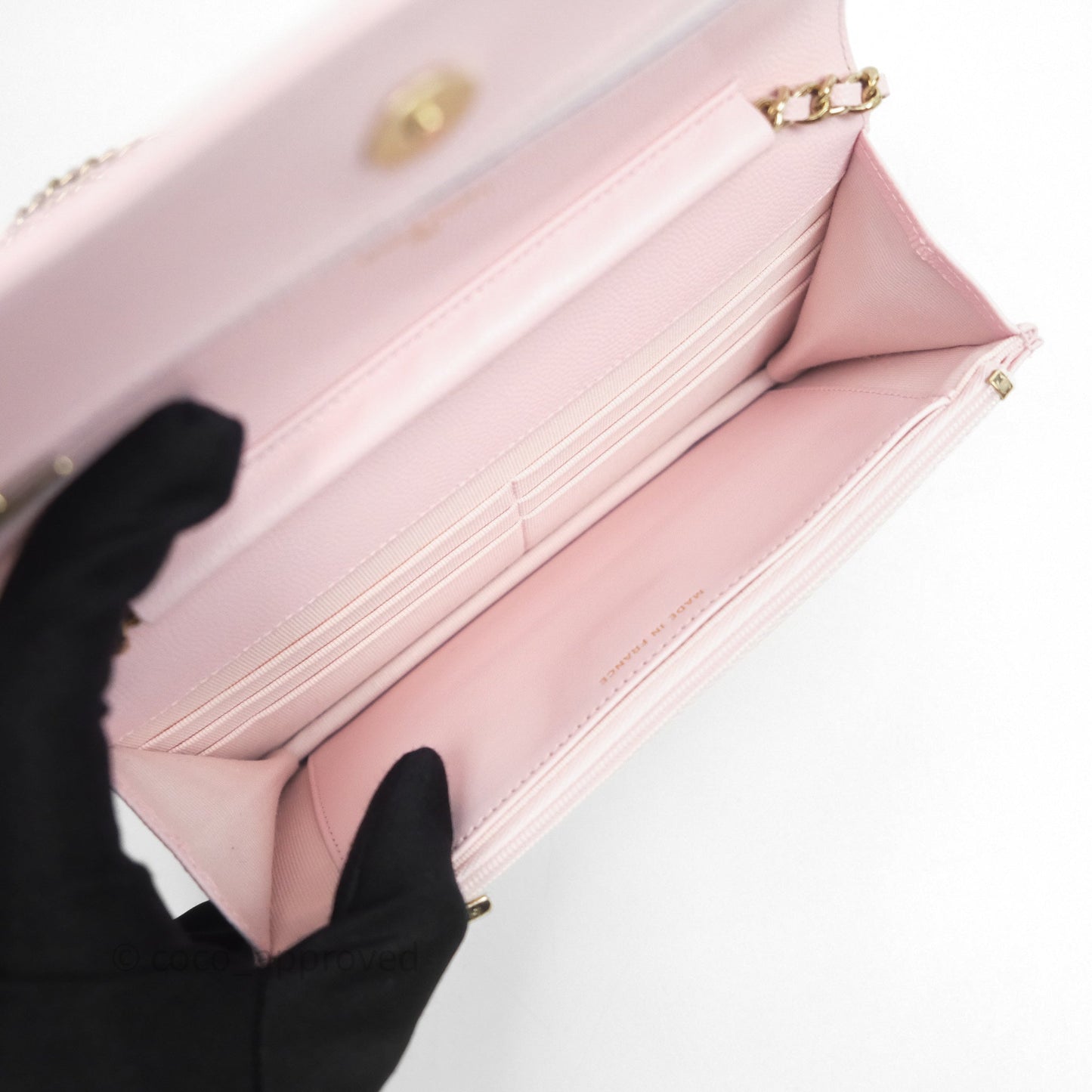 Chanel Classic Quilted Wallet on Chain WOC Light Pink Caviar Gold Hardware