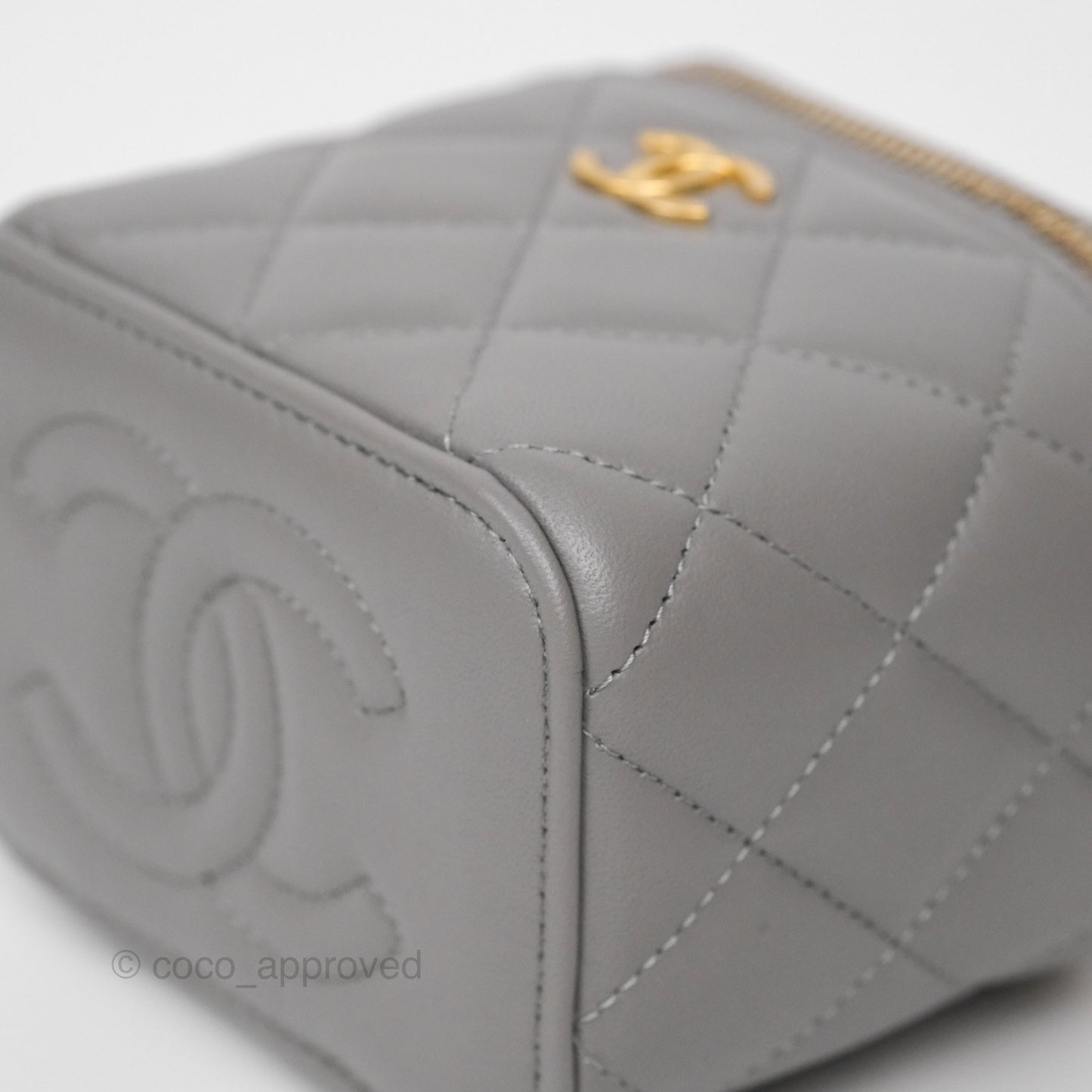 Chanel Mini Metal Top Handle Vanity With Chain Grey Lambskin Aged Gold Hardware