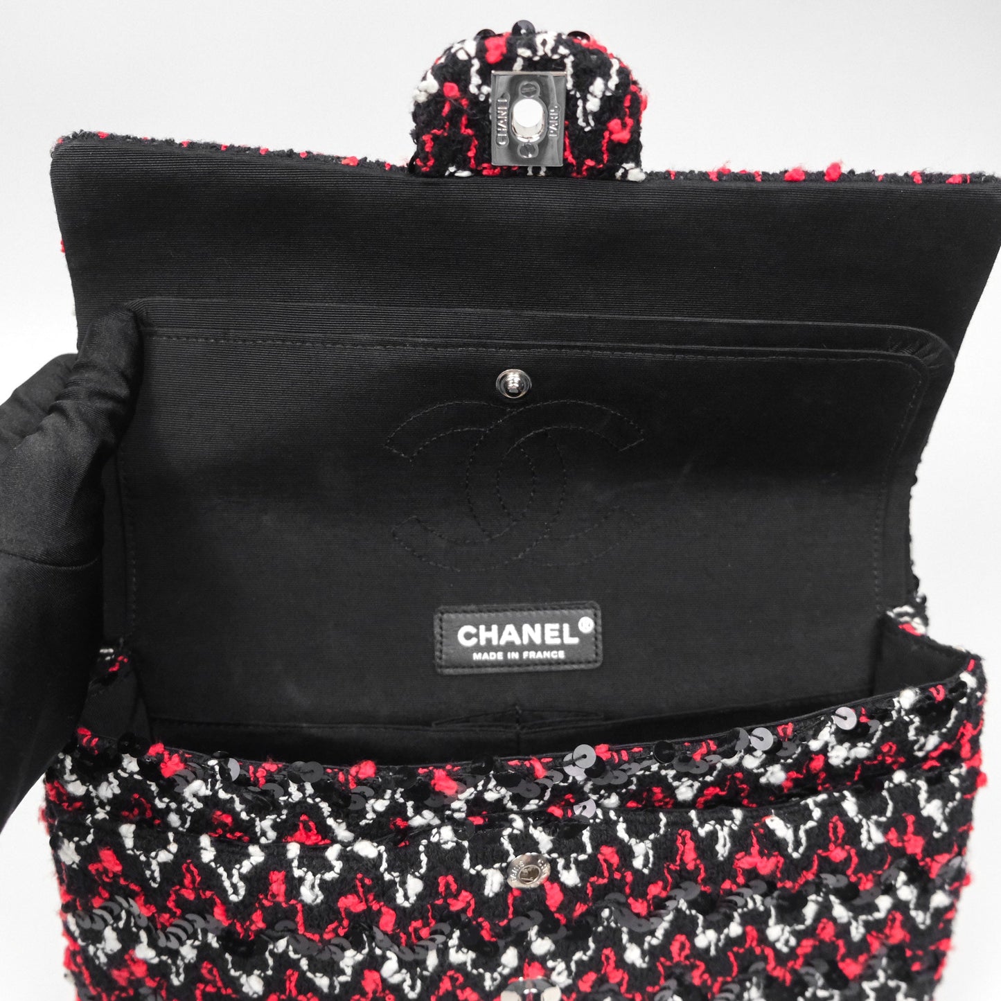 Chanel Shoulder Flap Bag Red/ Black/ White Tweed Sequins Silver Hardware