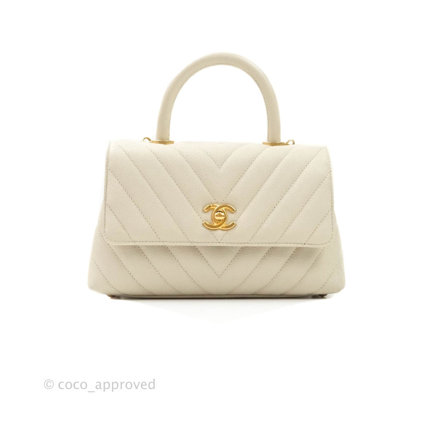 Chanel Mini Coco Handle Chevron Stone White Caviar Aged Gold Hardware
