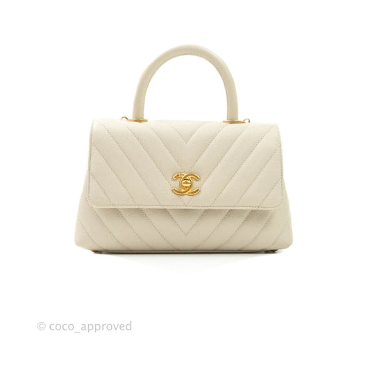 Chanel Mini Coco Handle Chevron Stone White Caviar Aged Gold Hardware