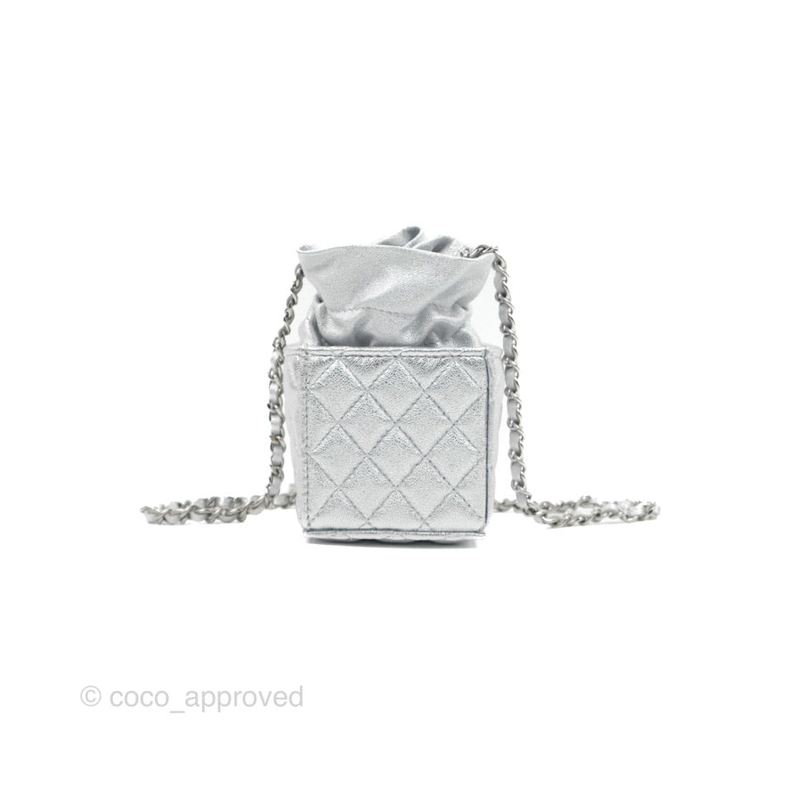 Chanel Mini Drawstring Bucket Bag with Chain Metallic Silver Calfskin Silver Hardware
