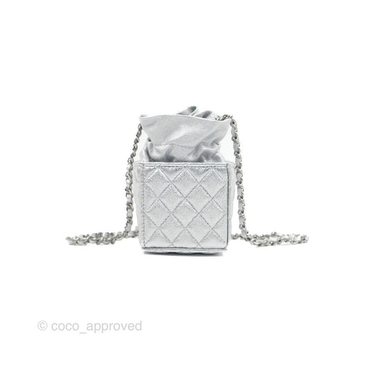 Chanel Mini Drawstring Bucket Bag with Chain Metallic Silver Calfskin Silver Hardware