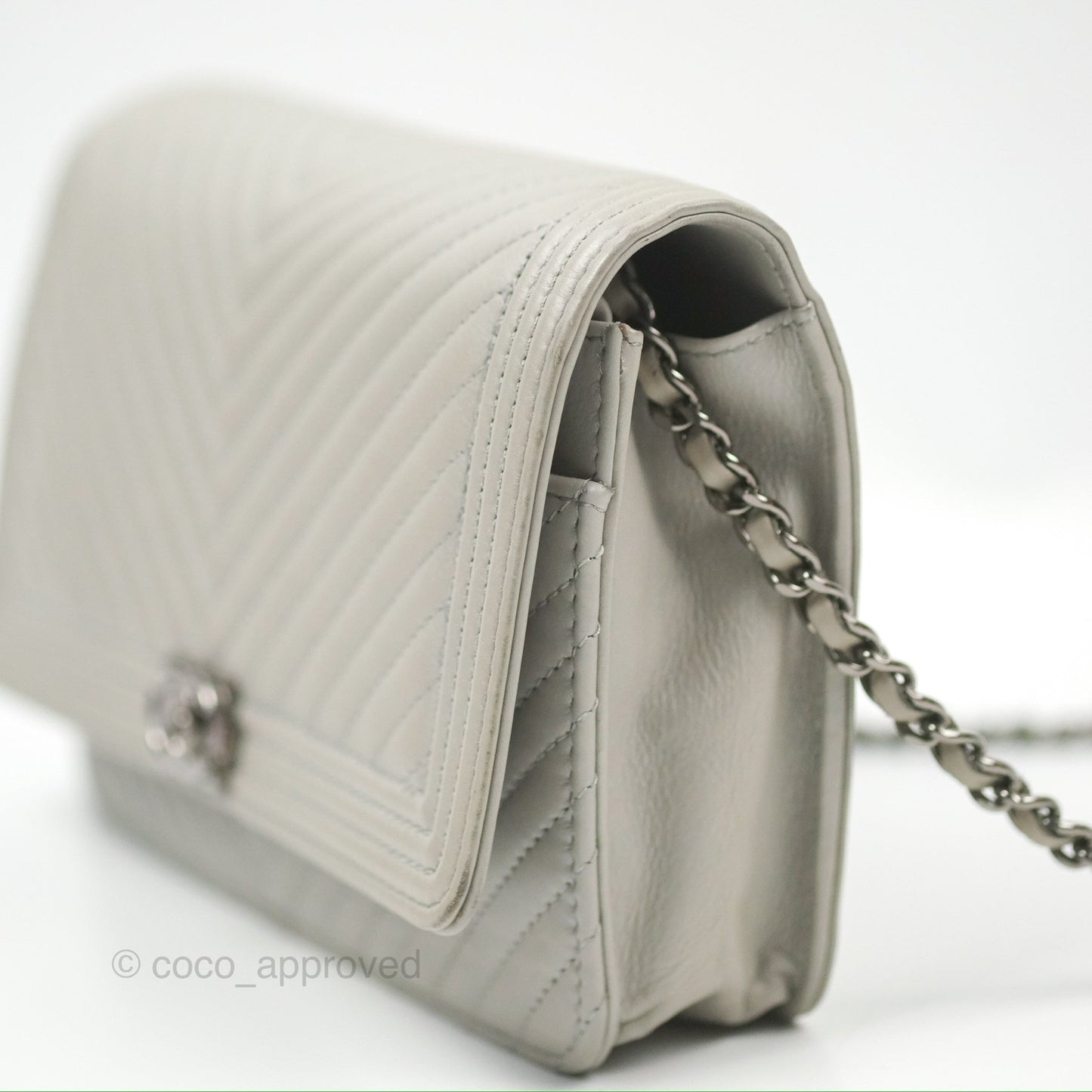 Chanel Chevron Boy Wallet on Chain WOC Grey Lambskin Gun Metal
