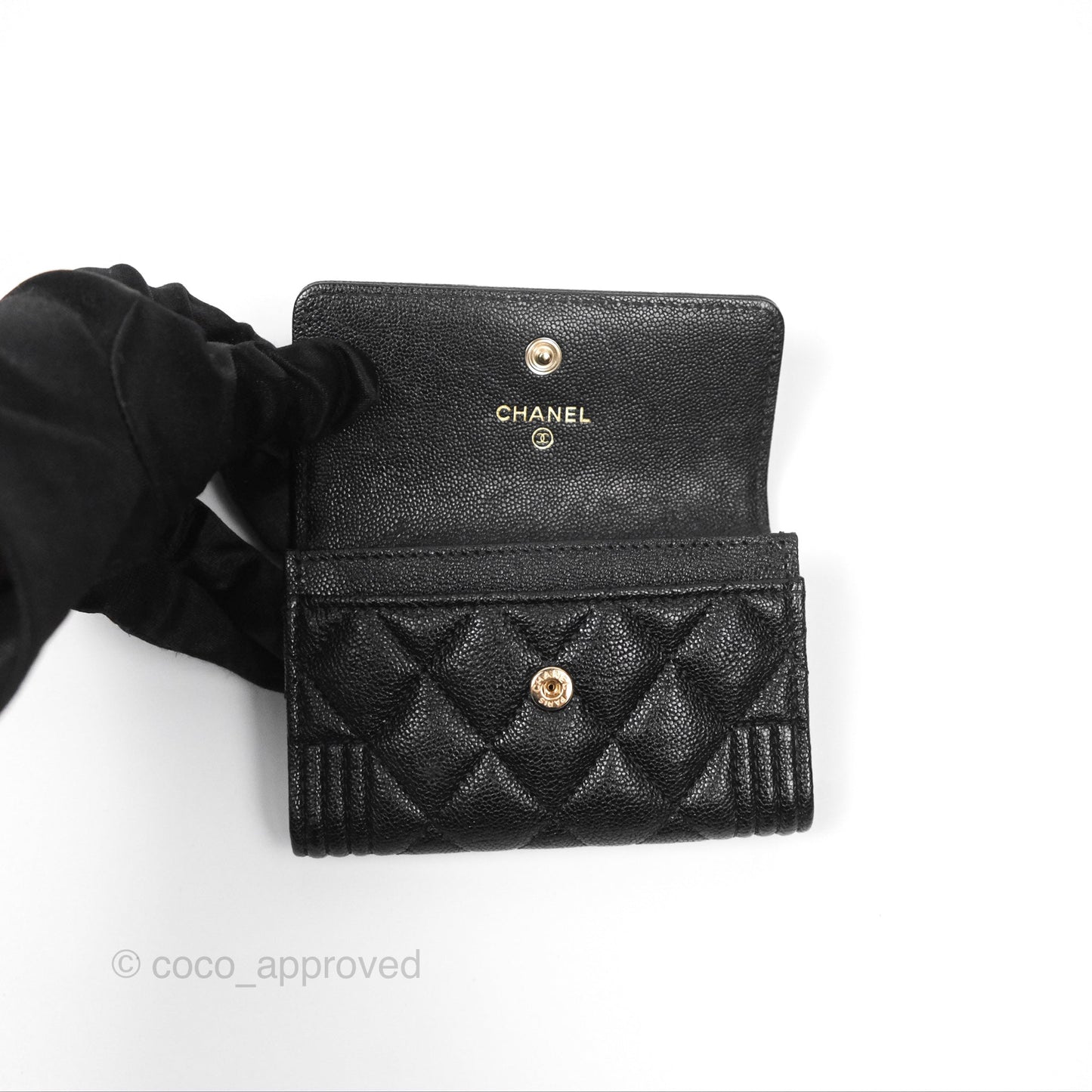 Chanel Quilted Boy Flap Card Holder Black Caviar Gold Hardware