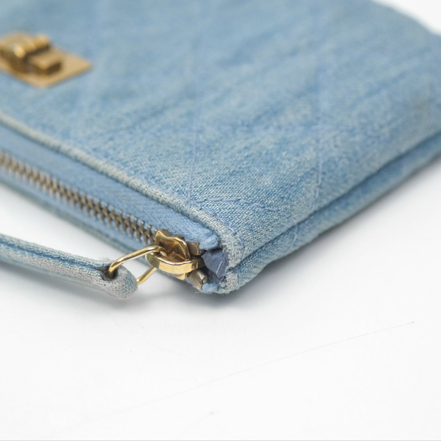 Chanel Mini Reissue O Case Quilted Light Blue Denim Aged Gold Hardware