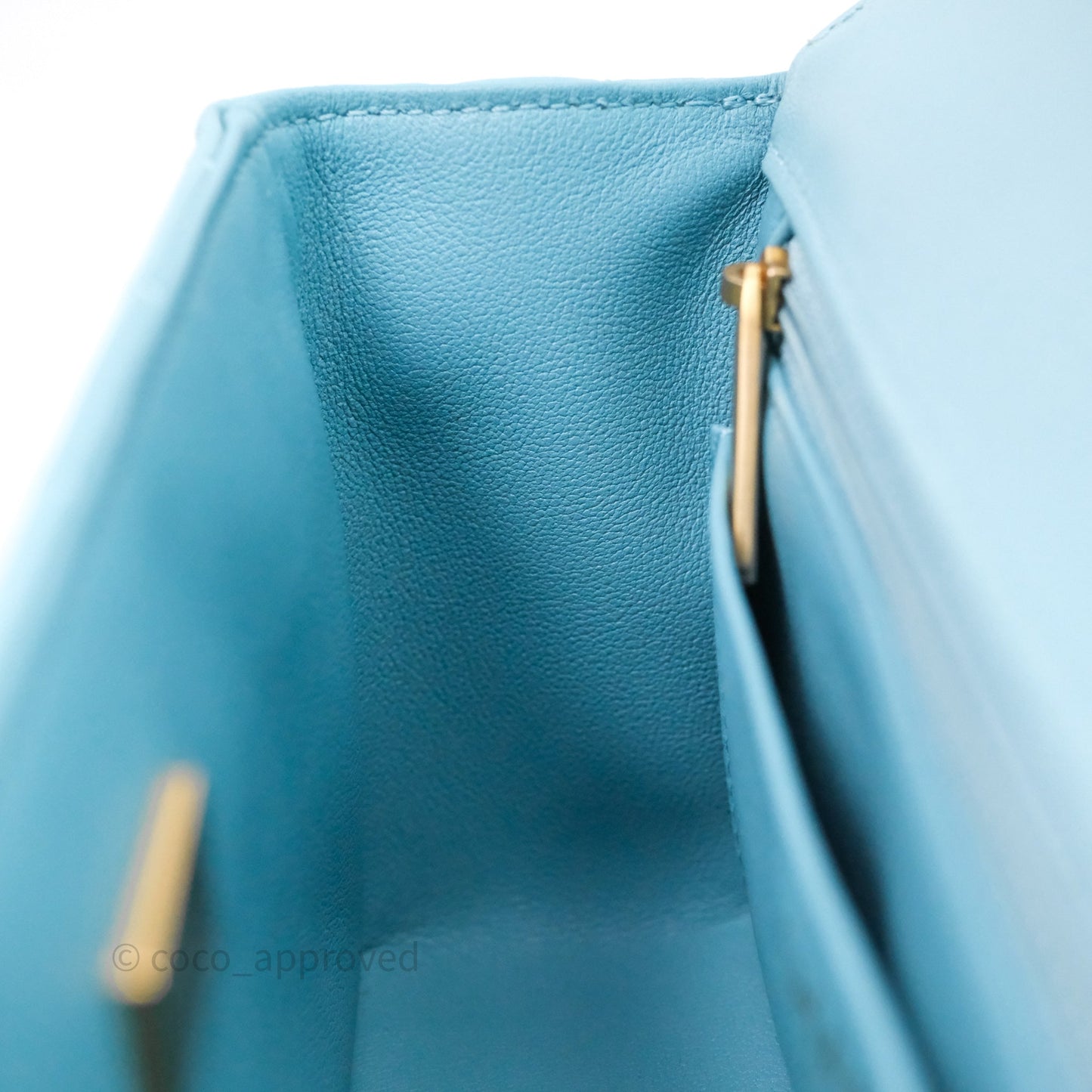 Chanel Flap Bag with Crystal Logo Top Handle Tiffany Blue Lambskin Aged Gold Hardware