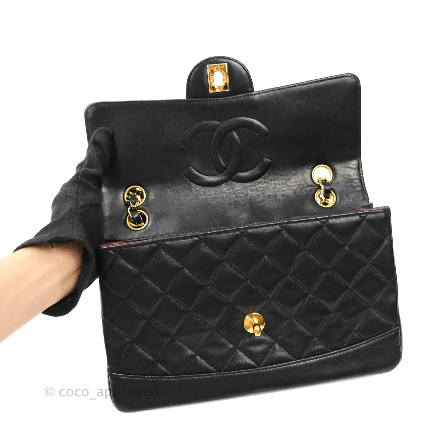 Chanel Vintage Flap Bag with Purse Pouch Black Lambskin 24K Gold Hardware