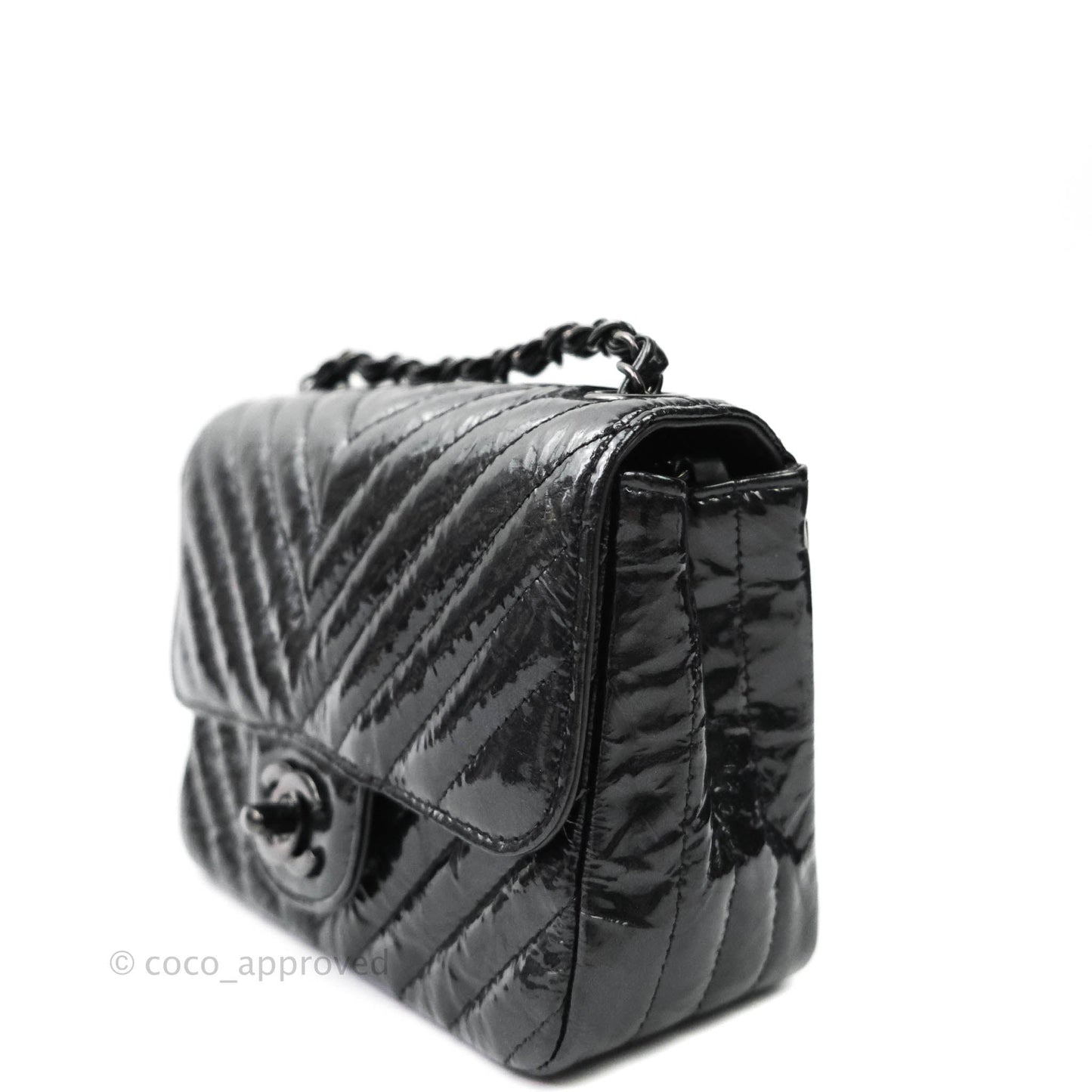 Chanel Mini Square Chevron Black Crumpled Metallic Patent So Black