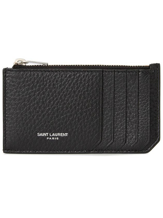 Luxury Saint Laurent Paris Fragment Zippered Leather Card Wallet Black
