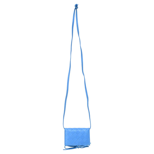 Luxury Bottega Veneta Intrecciato Card Case On Strap in Blue Nappa Leather