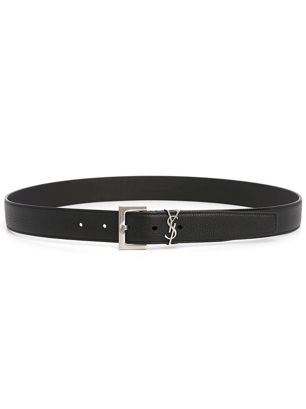 Luxury Saint Laurent Grained Leather Silver Monogram Belt Black