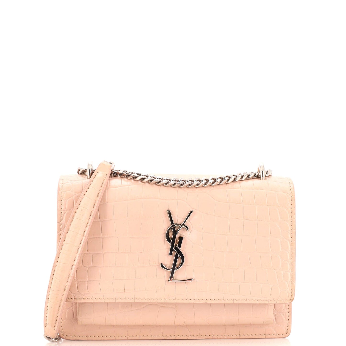 Luxury Saint Laurent Sunset Chain Wallet Crocodile Embossed Leather
