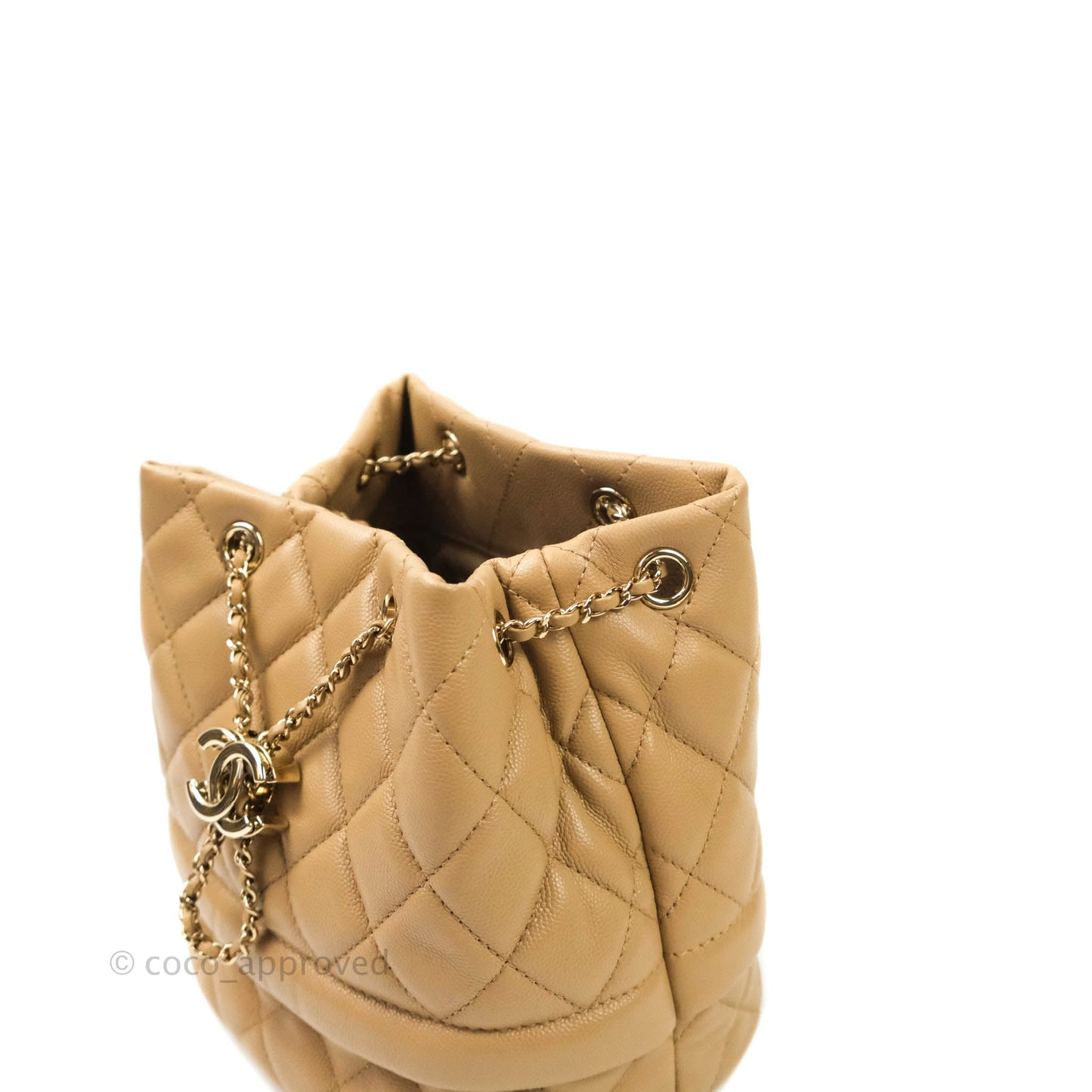 Chanel Caviar Quilted Rolled Up Bucket Drawstring Bag Beige Gold Hardware