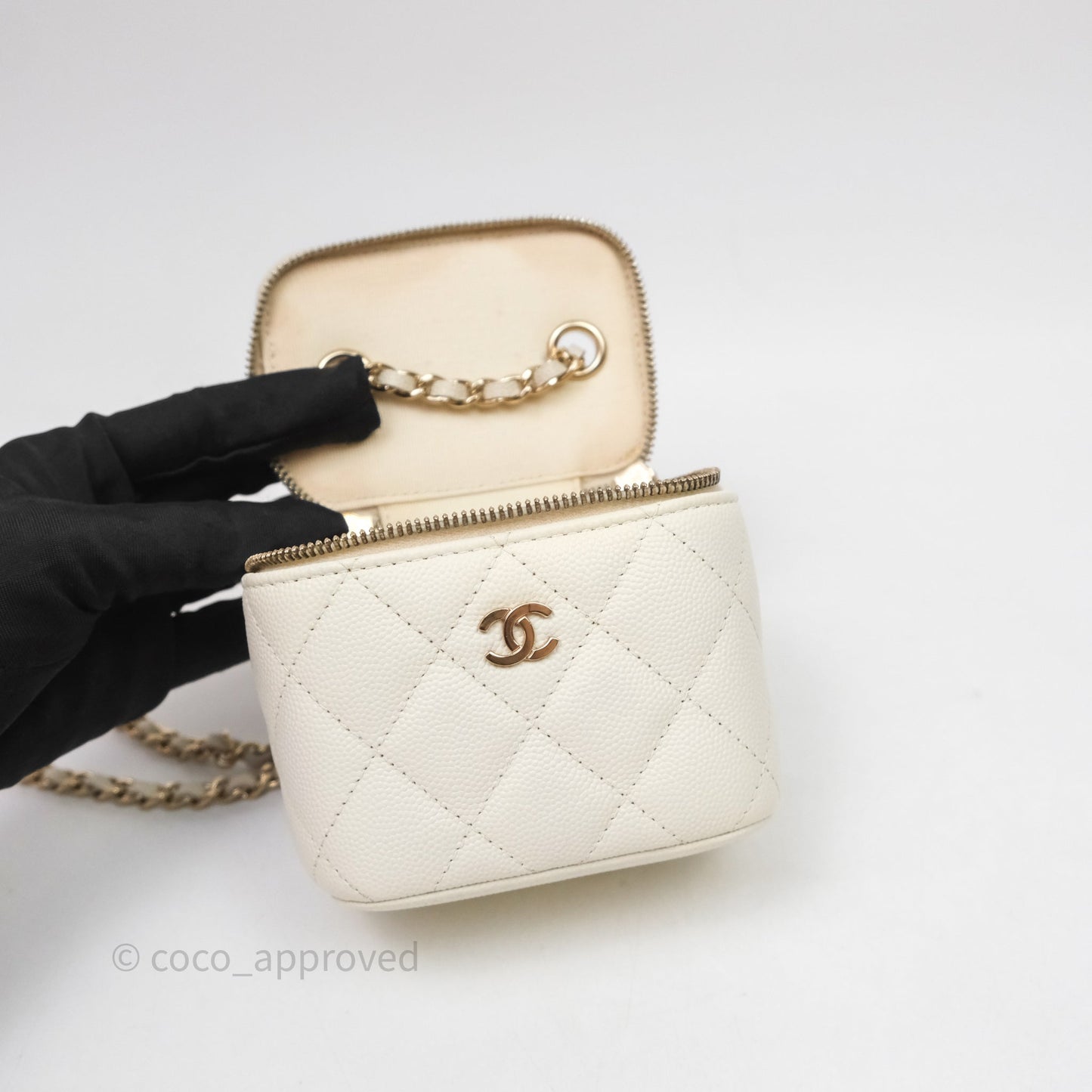 Chanel Mini Vanity With Chain White Caviar Gold Hardware