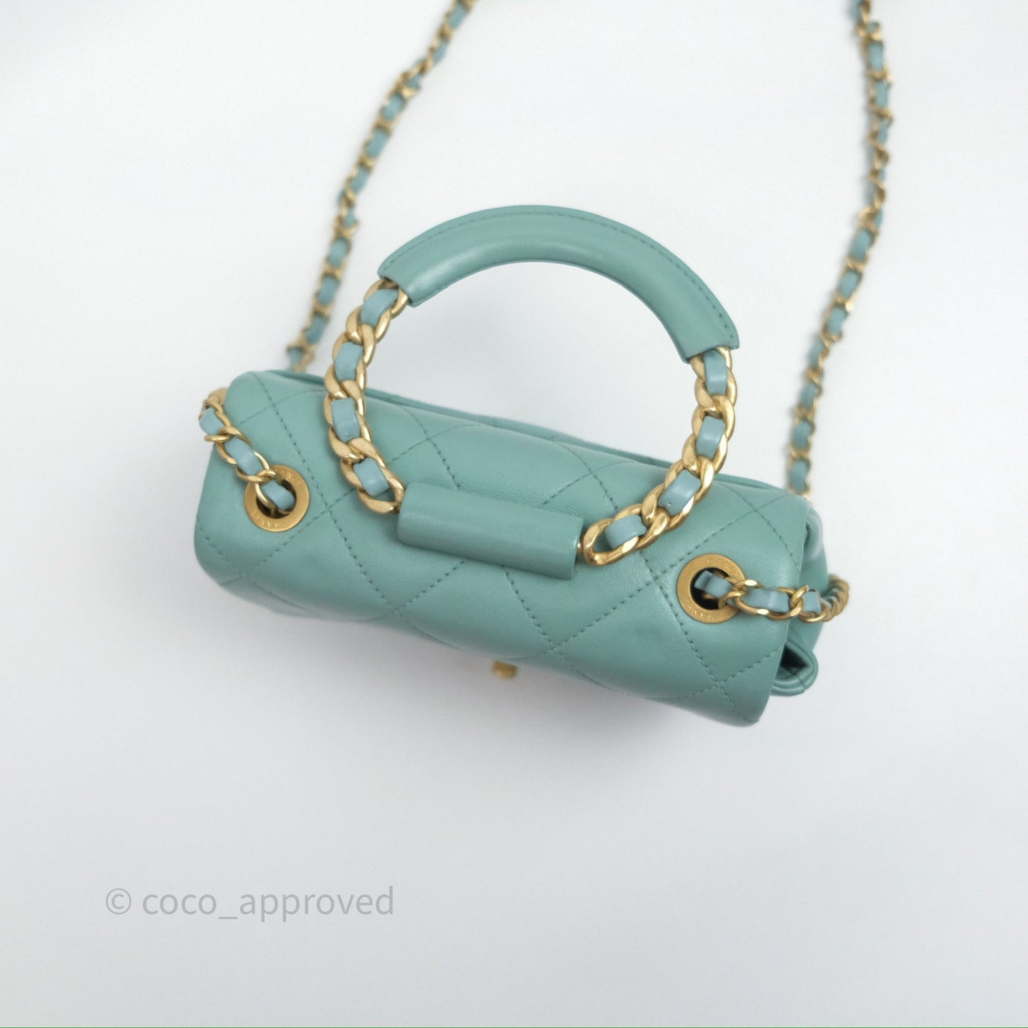 Chanel Quilted Small Circular Handle Bag Mint Green Aged Gold Hardware