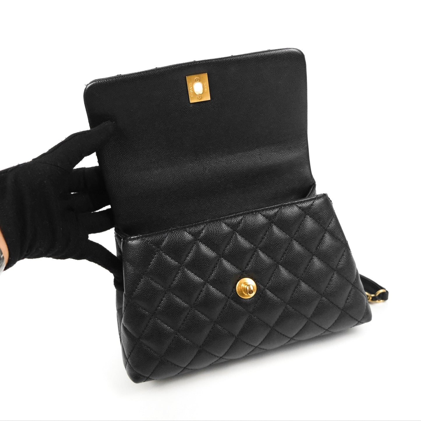 Chanel Small Coco Handle Quilted Black Caviar Aged Gold Hardware Lizard Handle