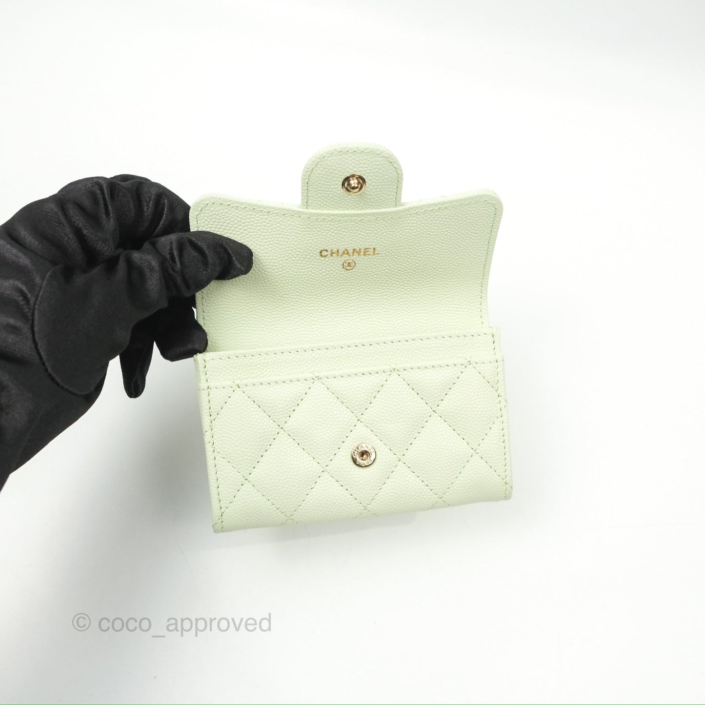 Chanel Quilted Flap Card Holder Light Green Caviar Gold Hardware