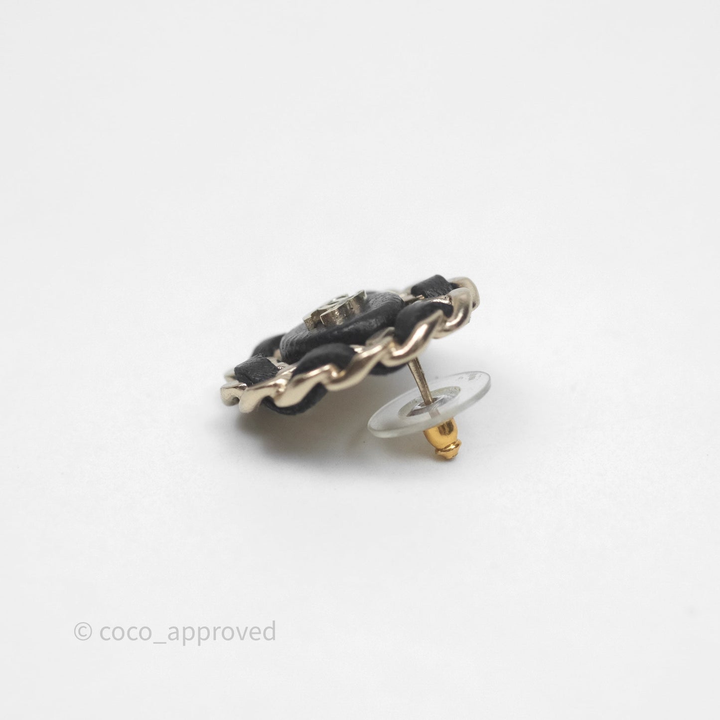 Chanel CC Black Leather Chain Round Earrings Aged Gold Tone 16B
