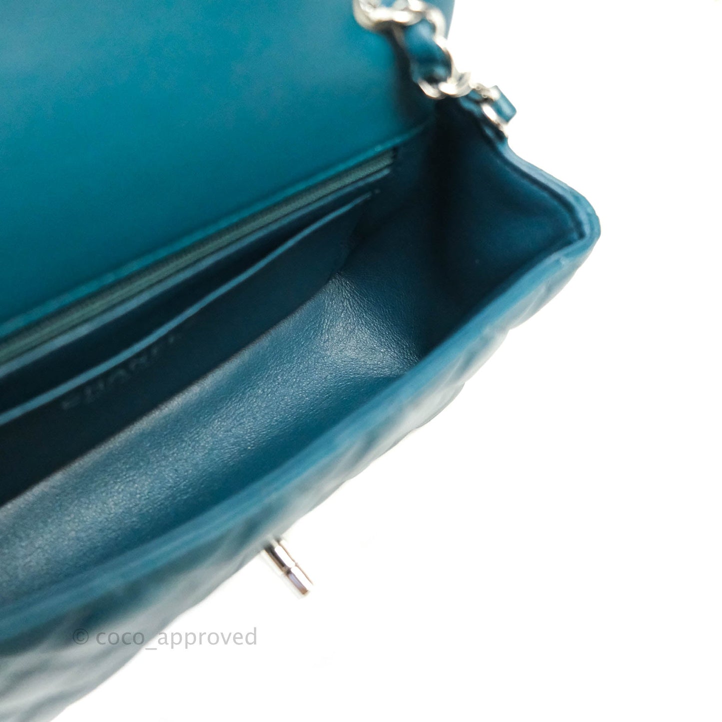 Chanel Quilted Mini Rectangular Lambskin Flap Bag Teal Silver Hardware