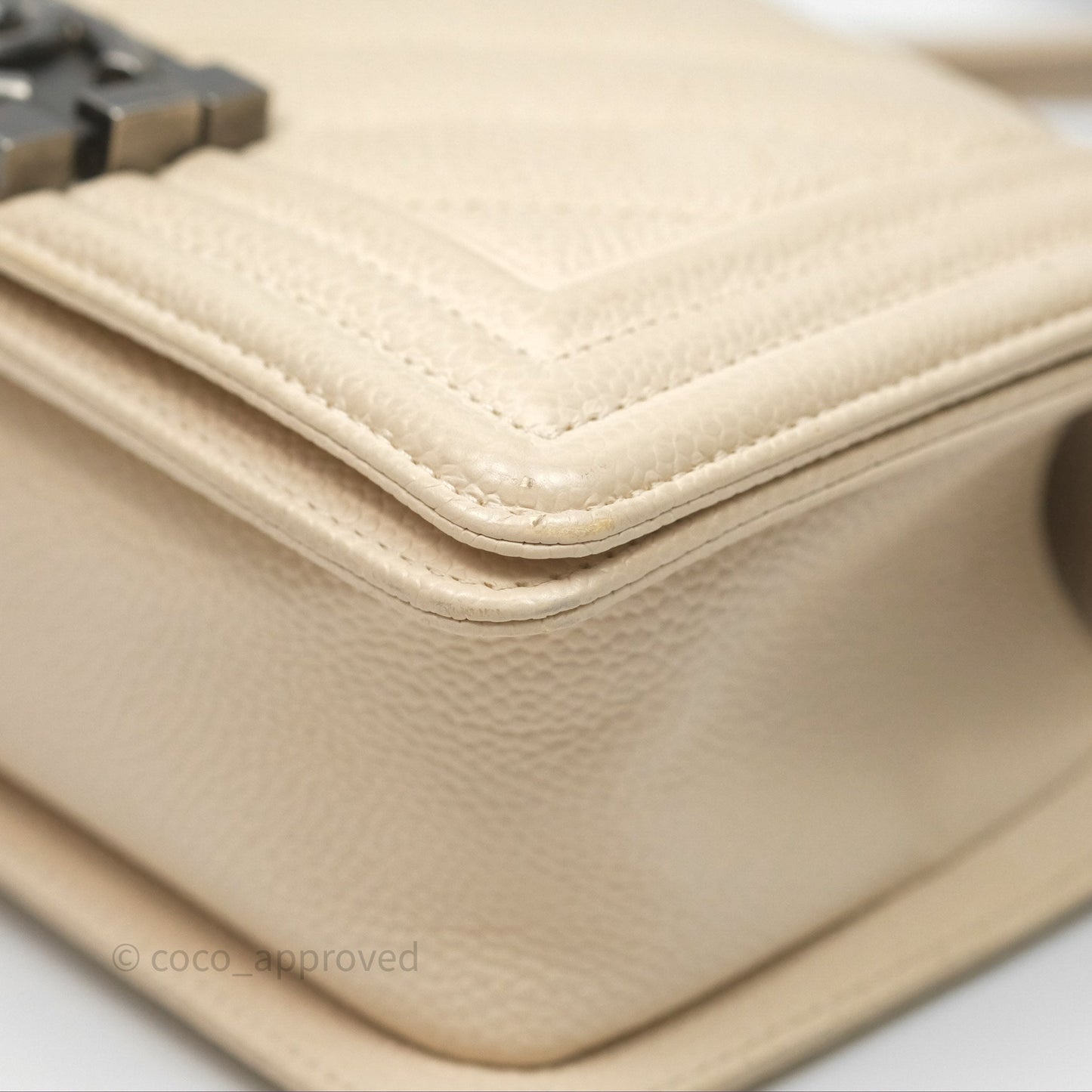 Chanel Small Boy Chevron Beige Caviar Ruthenium Hardware