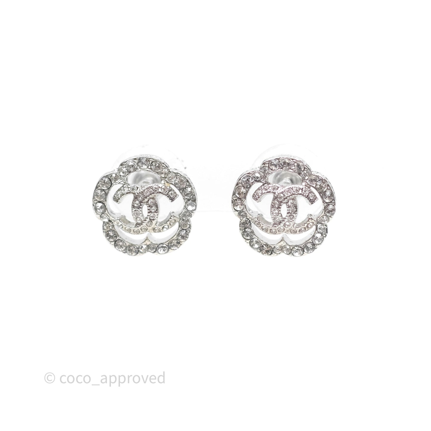 Chanel Crystal Flapper Camellia CC Earrings Silver Tone 20P