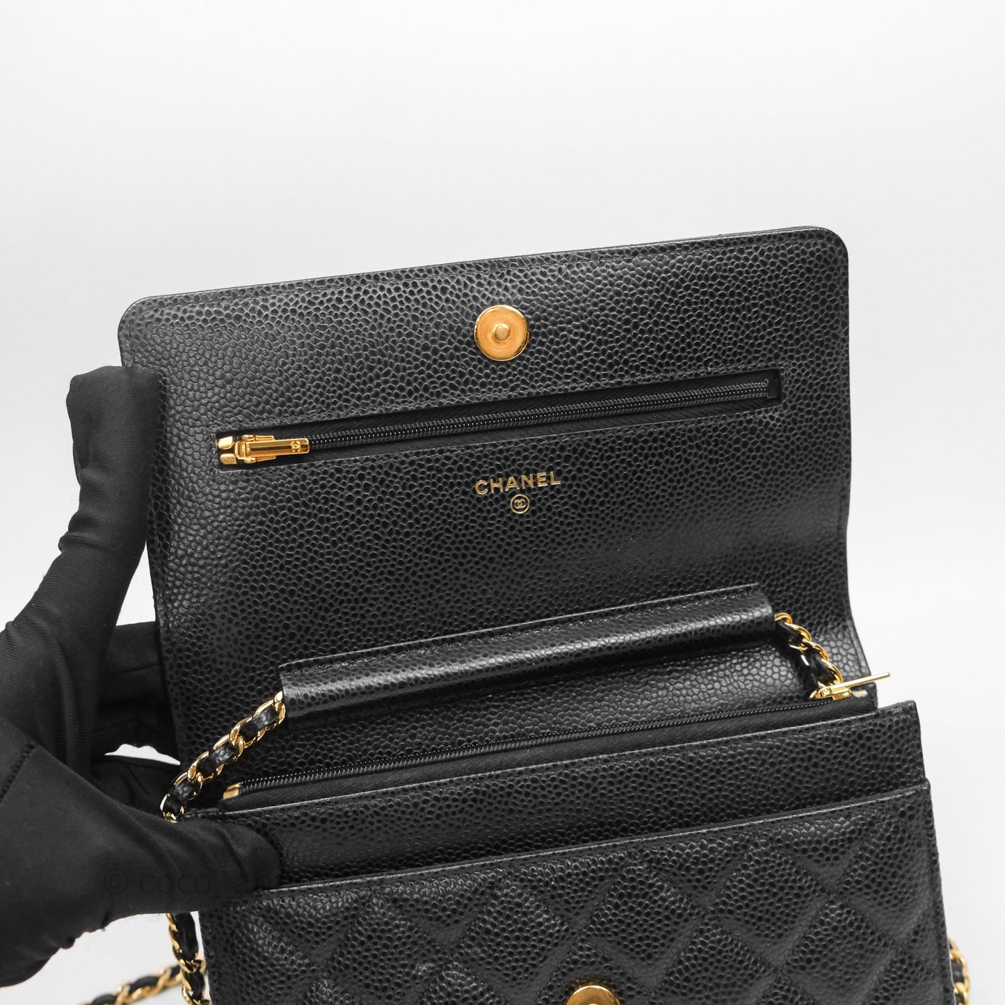 Chanel Classic Wallet On Chain WOC Quilted Black Caviar Gold Hardware