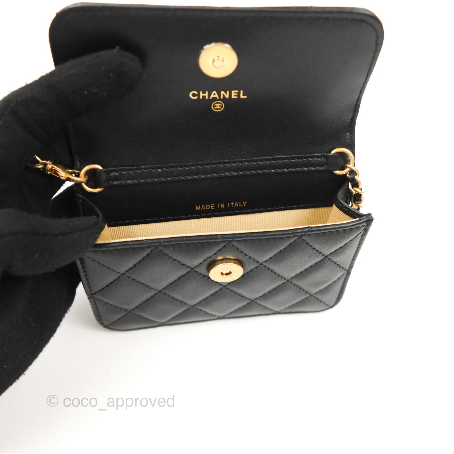 Chanel Pearl Crush Mini Clutch With Chain Black Lambskin Aged Gold Hardware