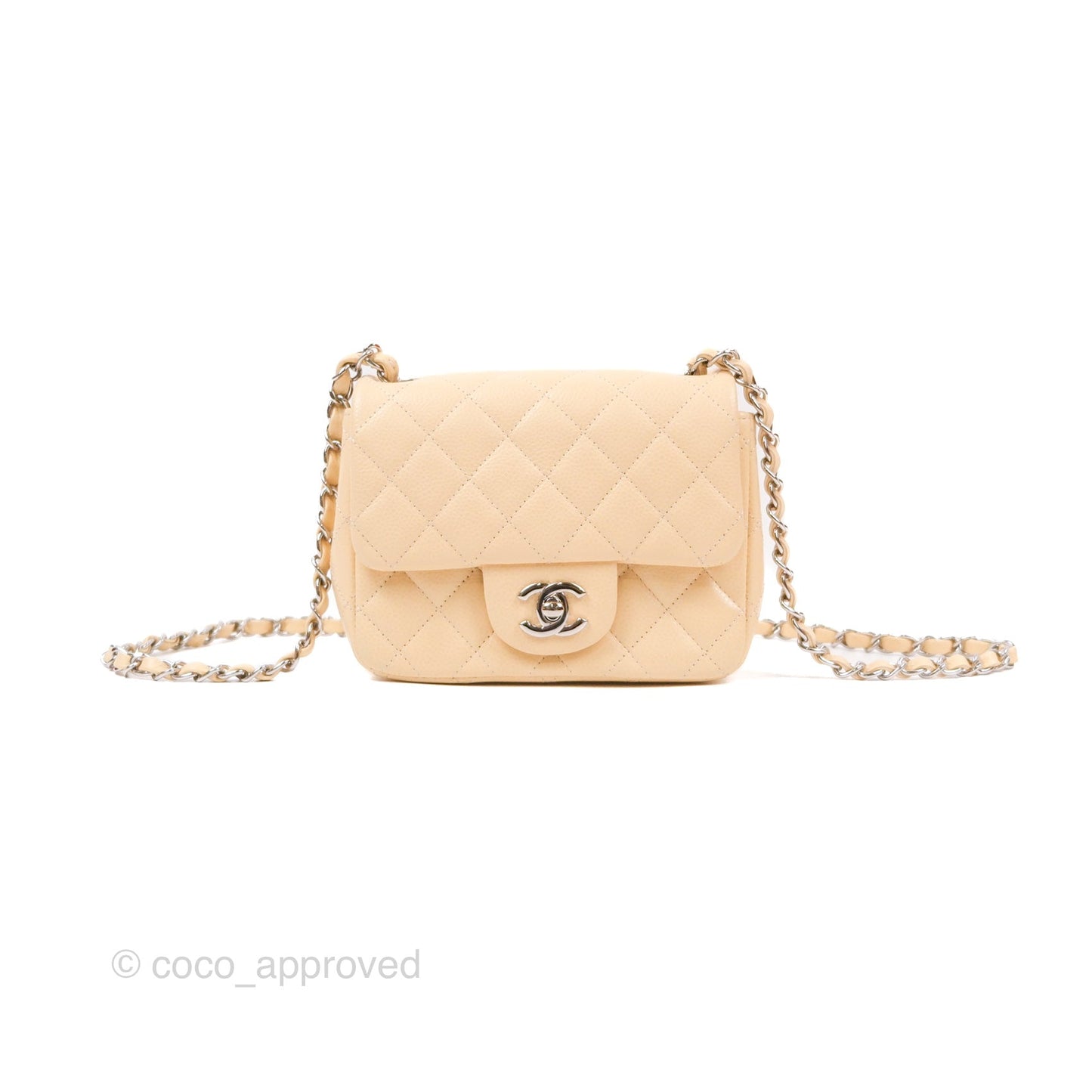Chanel Quilted Mini Square Flap Light Beige Caviar Silver Hardware